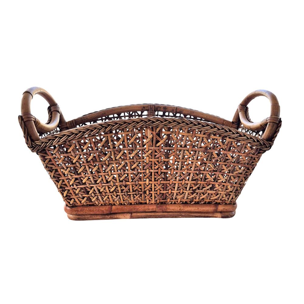 Vintage Rattan Woven Wicker Basket Magazine Rack 1960s Cottage Cabin Handles